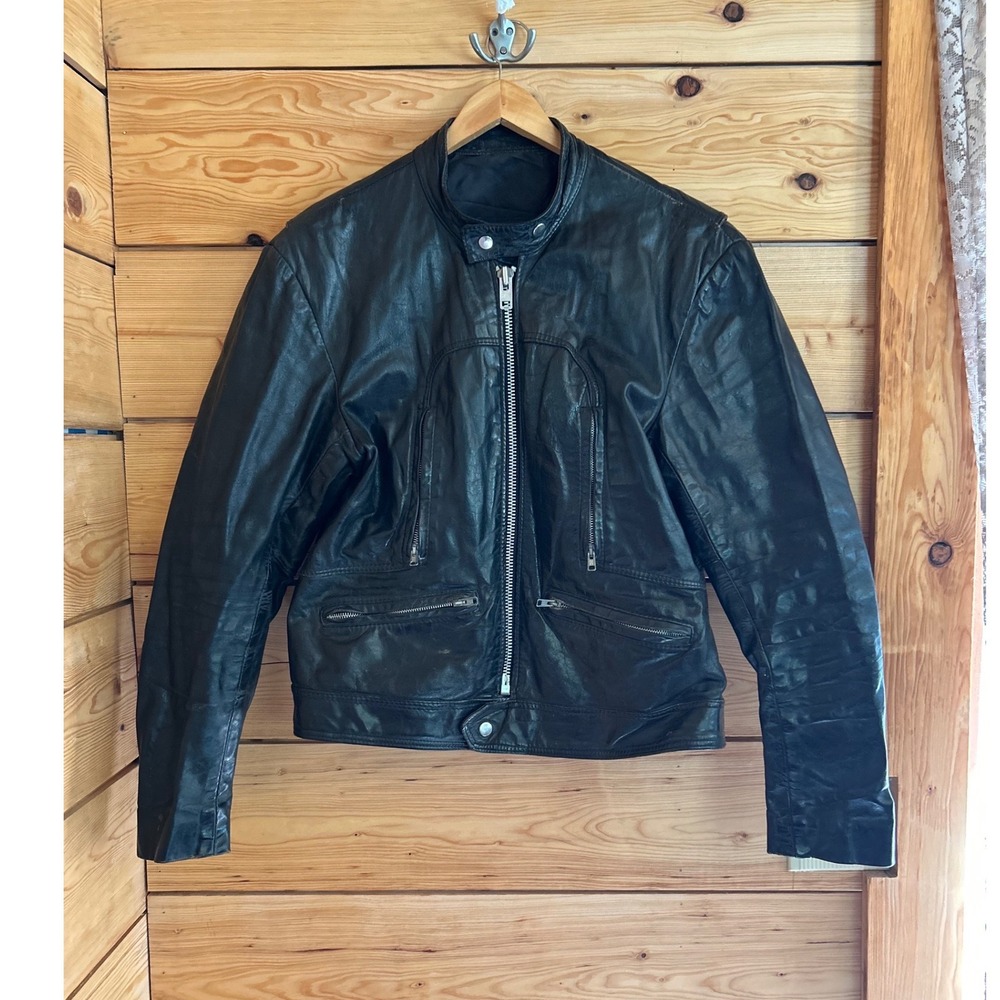 Vintage Leather Cafe Racer Jacket Mens Large Black Golden Crown Bristol Moto 90s